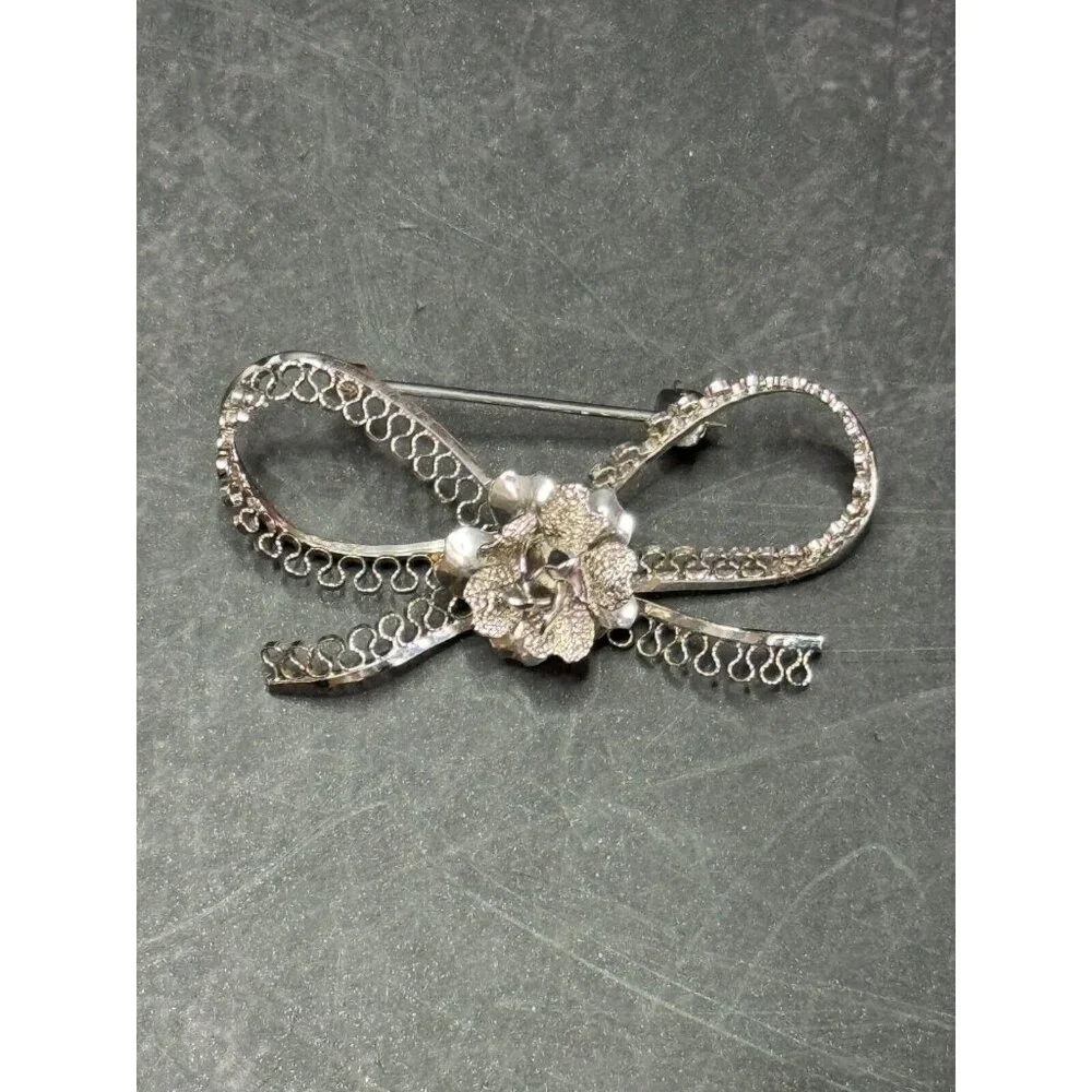 Vintage 925 Sterling Silver Star-Art Rose Filigree Bow Dress Pin Brooch New York - Picture 2 of 6